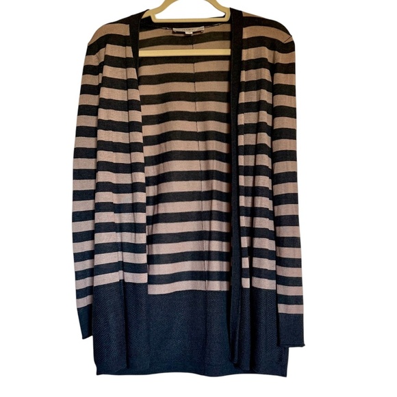 Loft Gray Beige Striped Open Front Cardigan Lightweight Size Medium - Picture 1 of 9